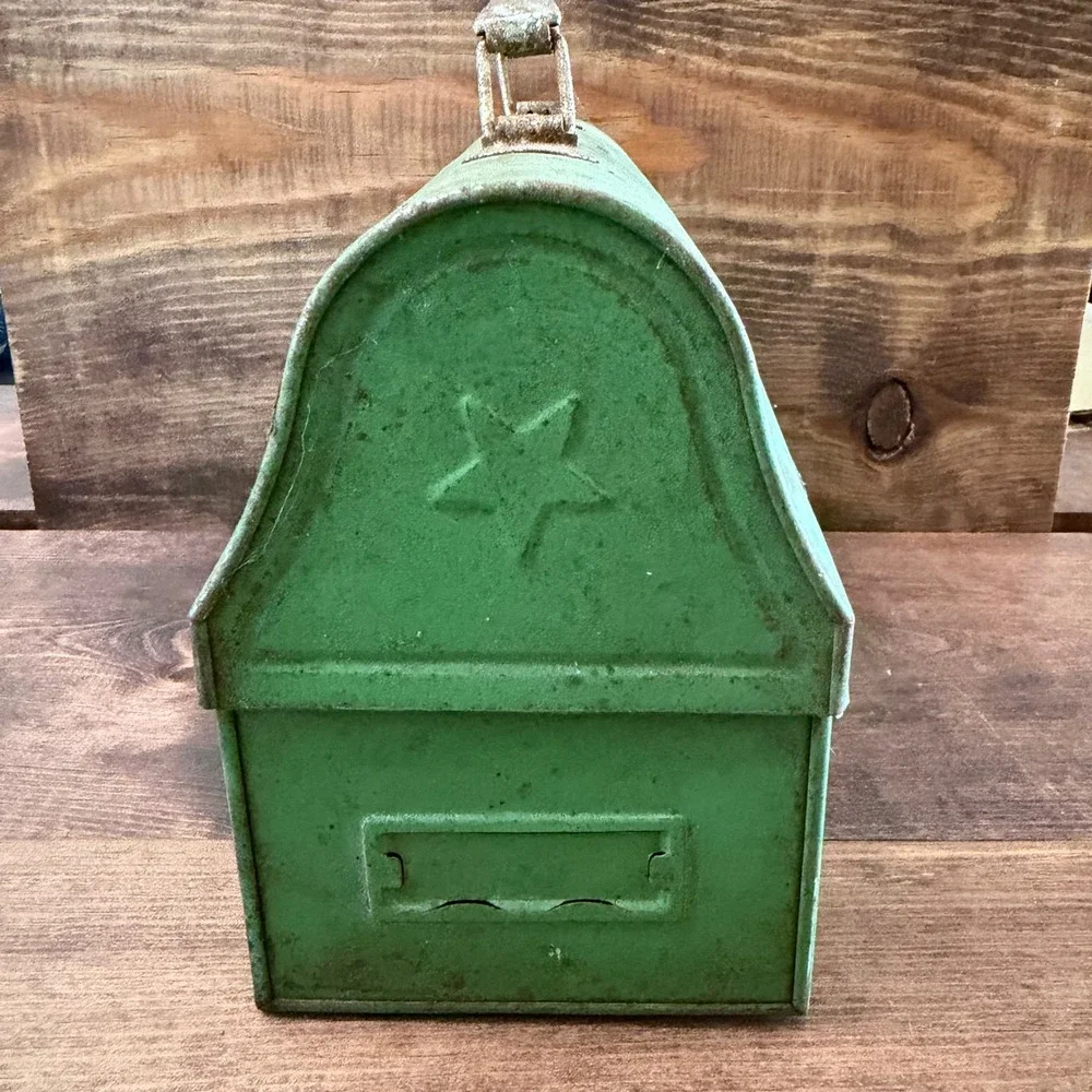 Vintage Antique Green Metal Dome Top Lunch Box Pail Star Embossed Patented 1920s